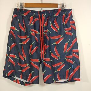 NWOT Hot Coals Swim Trunks Chili Peppers Print Drawstring Elastic Waist Large